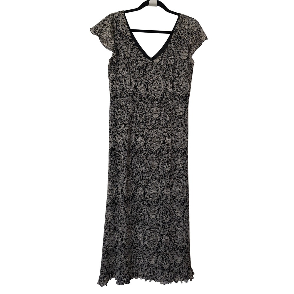 Y2K Dana Buchman Black Ivory 100 Silk Damask Flutter Sleeve Midi Dress Womens 10